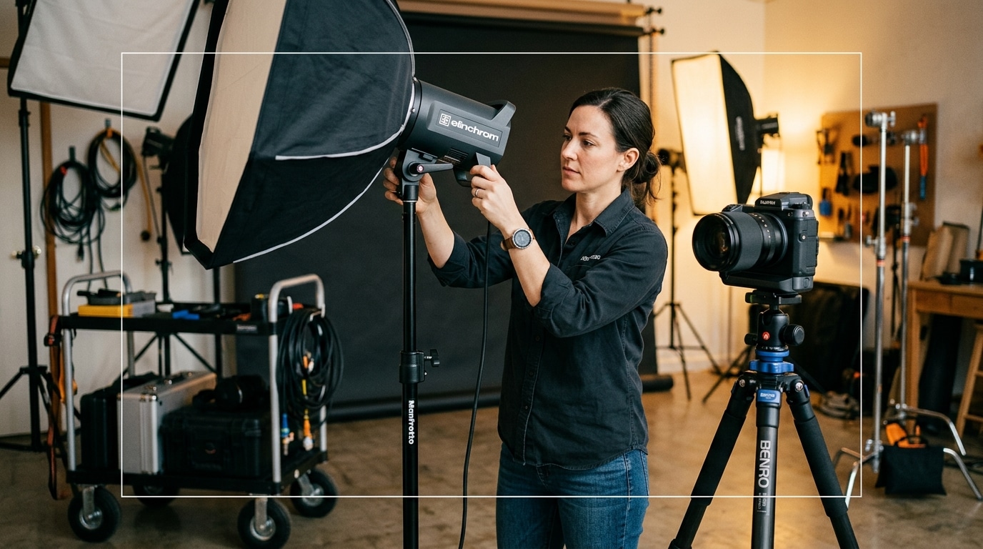 freelance photographer adjusting studio strobes during a studio rental for photography session at a professional production facility