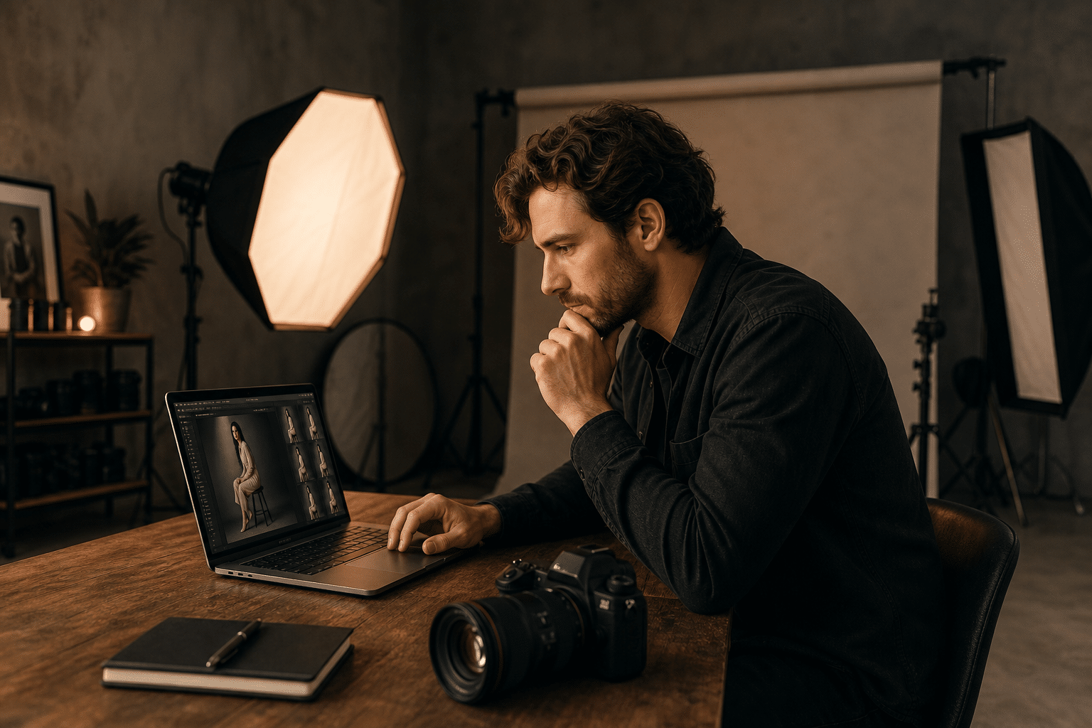 photographer reviewing studio lighting test shots on laptop — studio lighting tips for photographers