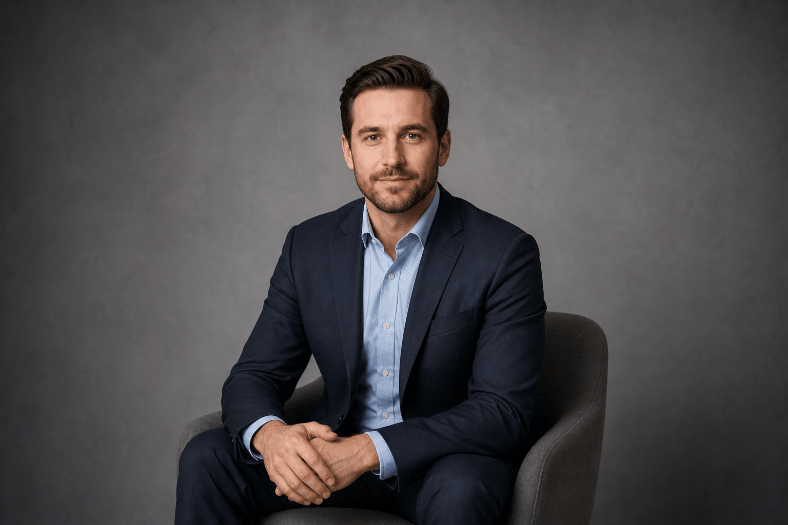 Corporate professional man sitting for a business headshot session in a San Diego photography studio — professional headshots San Diego