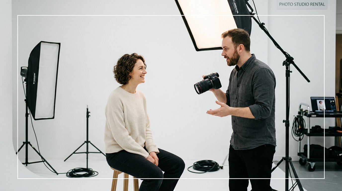 photographer directing a portrait session in a professional studio rental for photography with cyclorama backdrop in San Diego