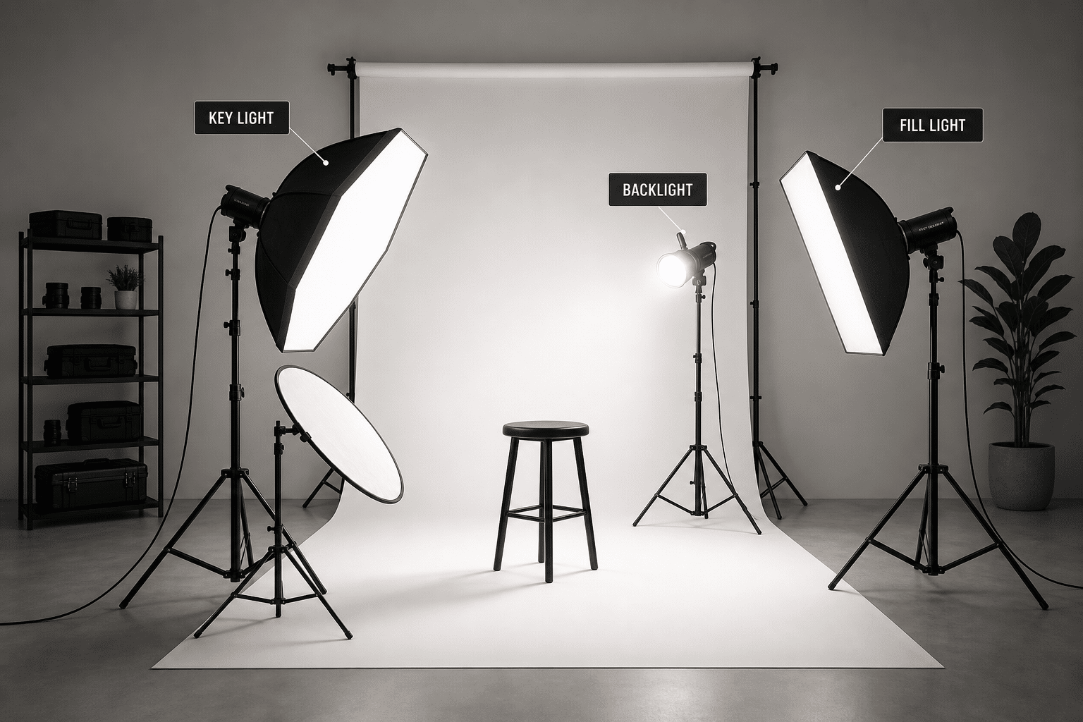 three-point lighting setup with softboxes and reflectors in professional photography studio