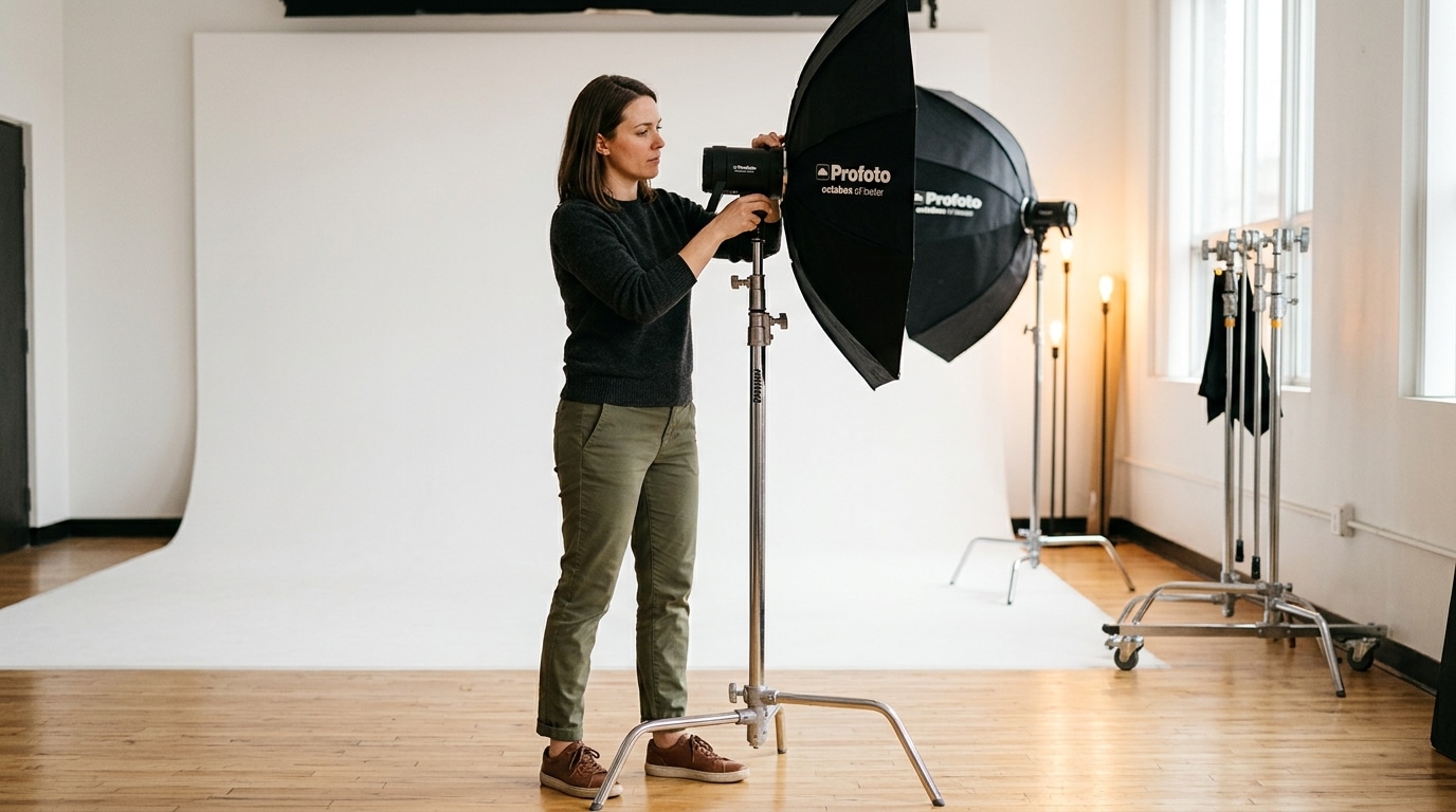 photographer adjusting softbox for studio lighting for photography session