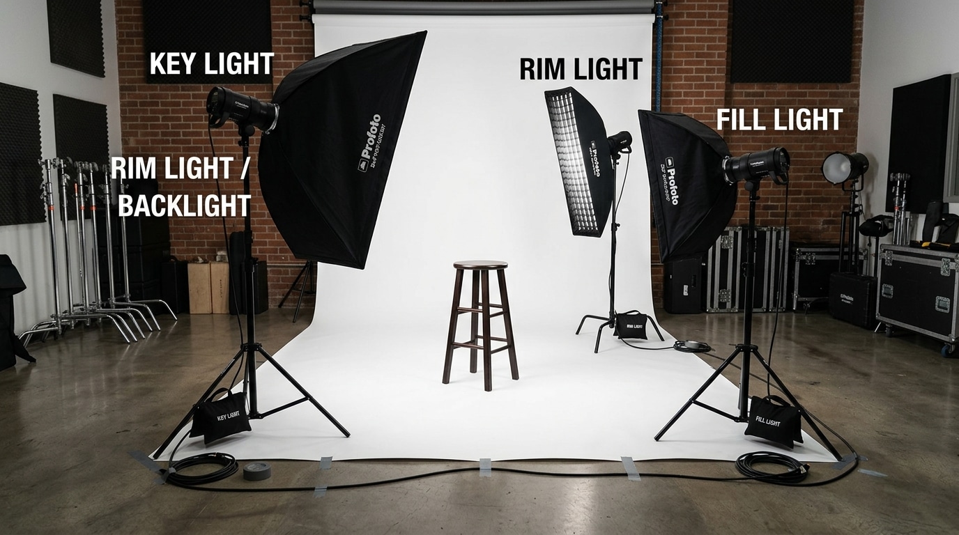three-point studio lighting for photography setup with key light fill light and rim light