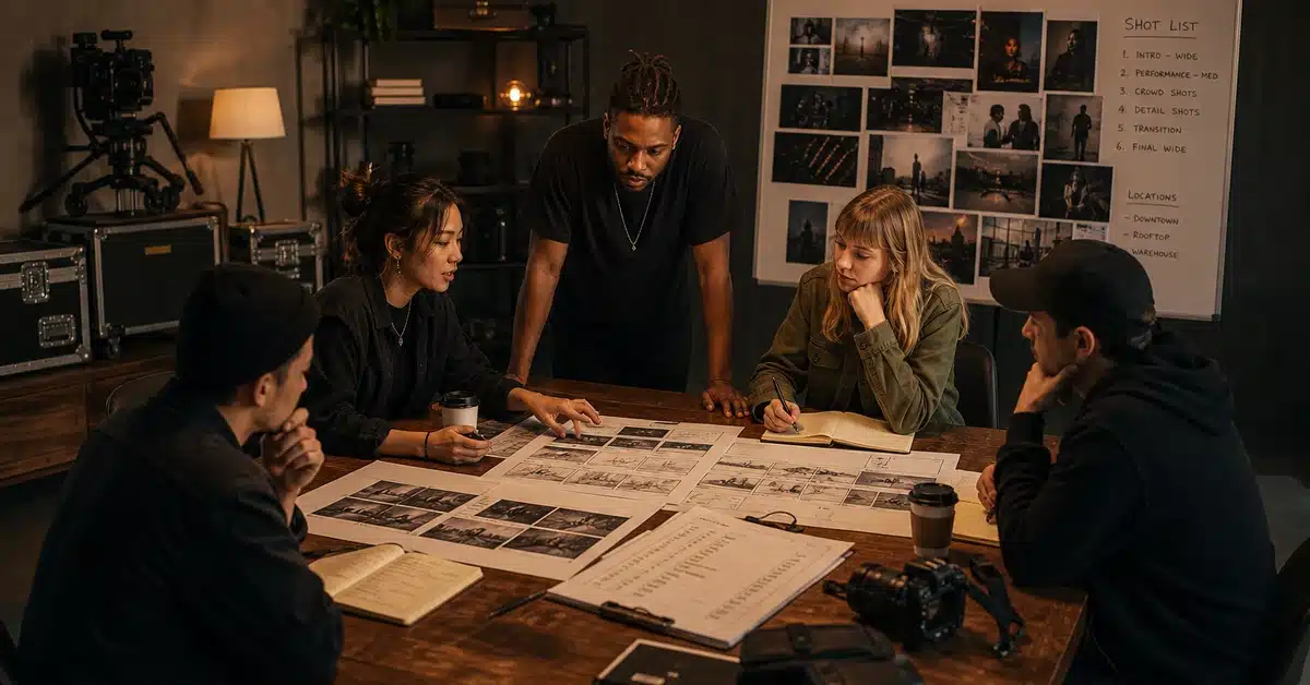 Music video production San Diego — production team planning a music video shoot with storyboards and equipment at Lightz Out Studios