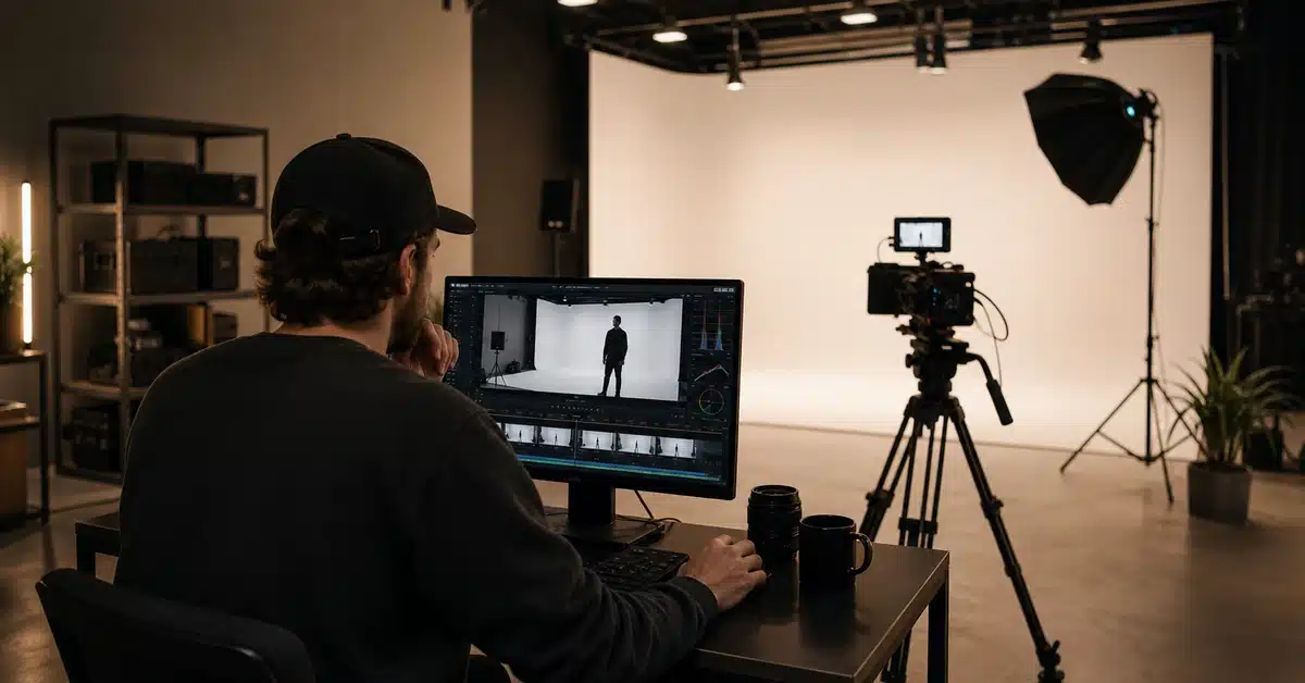 photo studio rental San Diego — videographer reviewing footage at professional cyclorama studio