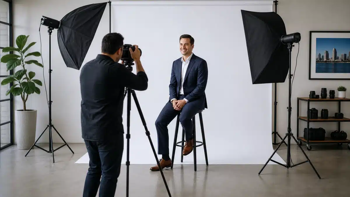 Professional photographer taking headshots in a modern San Diego photography studio — professional headshots San Diego