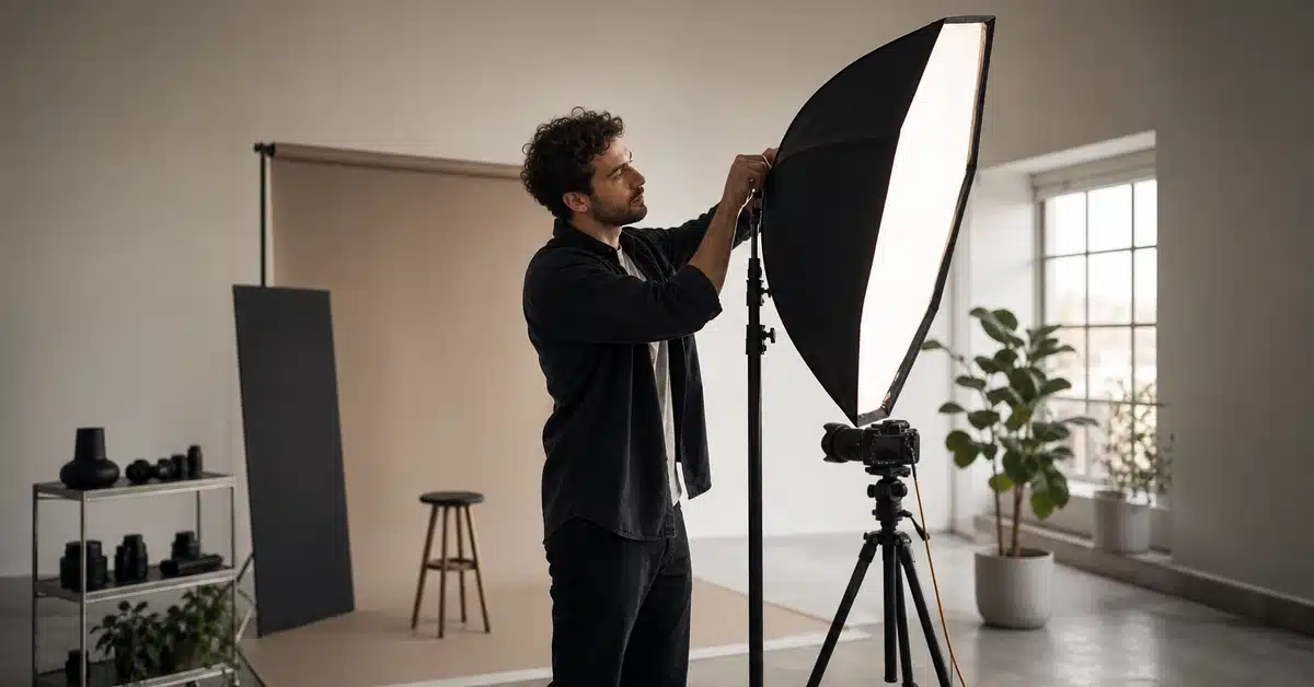 photo studio rental San Diego — photographer adjusting softbox lighting rig in modern studio