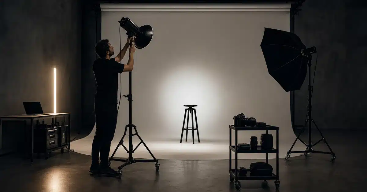studio rental for photography — professional photographer adjusting studio lights at Lightz Out Studios