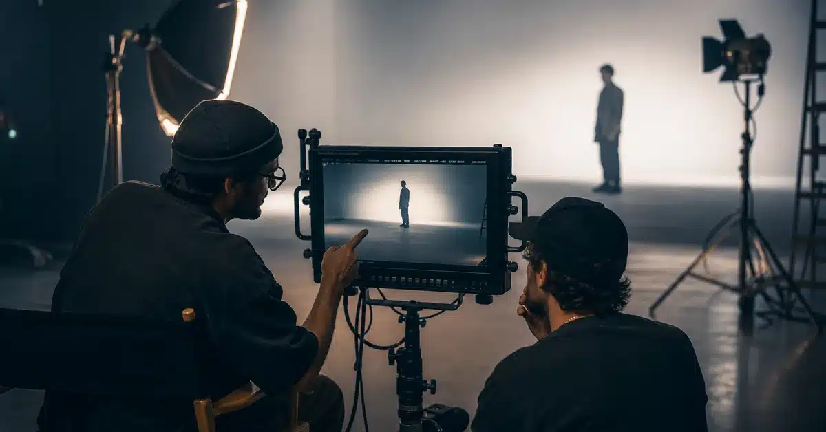 Music video production San Diego — professional director reviewing shots in a studio with cyclorama wall at Lightz Out Studios