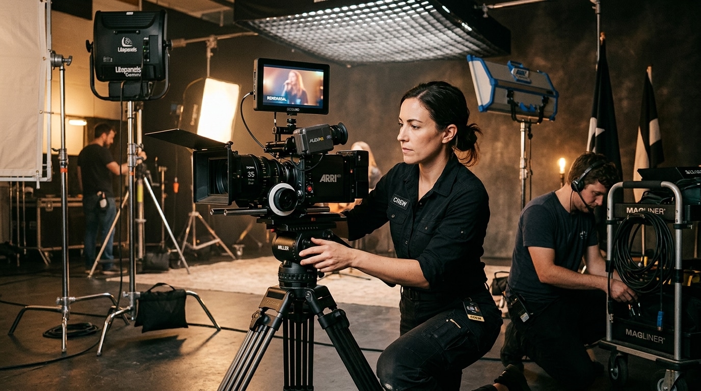 professional videographer adjusting cinema camera on set during music video production company shoot