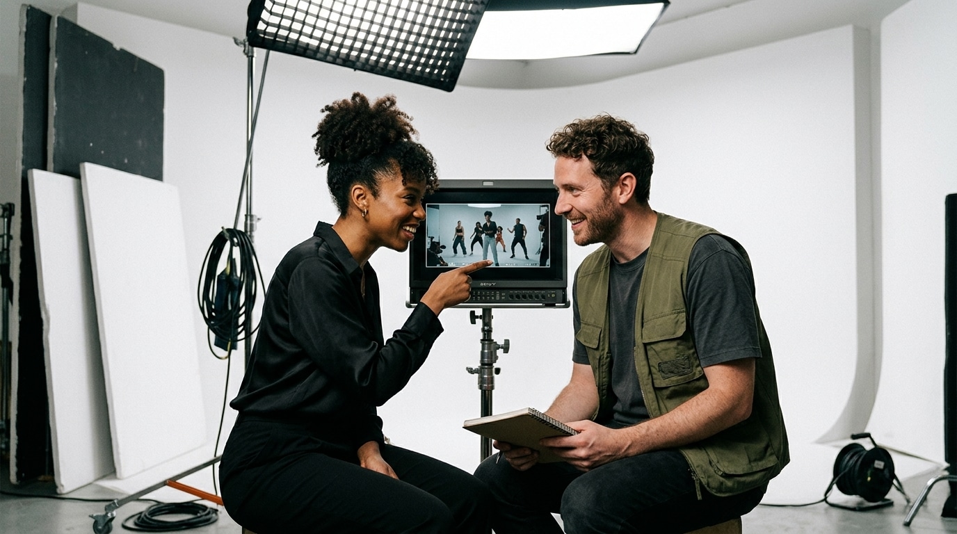 music artist and creative director reviewing playback in white cyclorama studio for music video production company