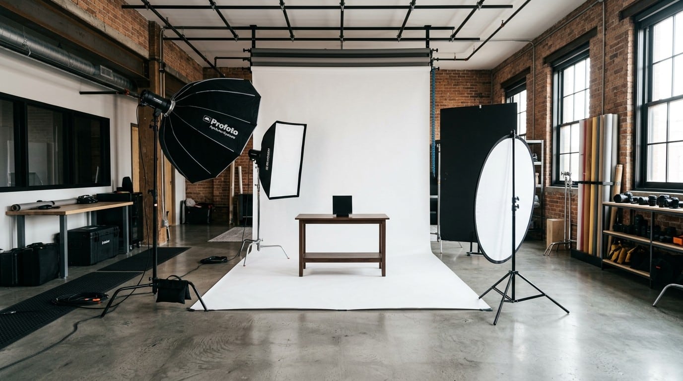product photography studio lighting setup with seamless backdrop at Lightz Out Studios San Diego