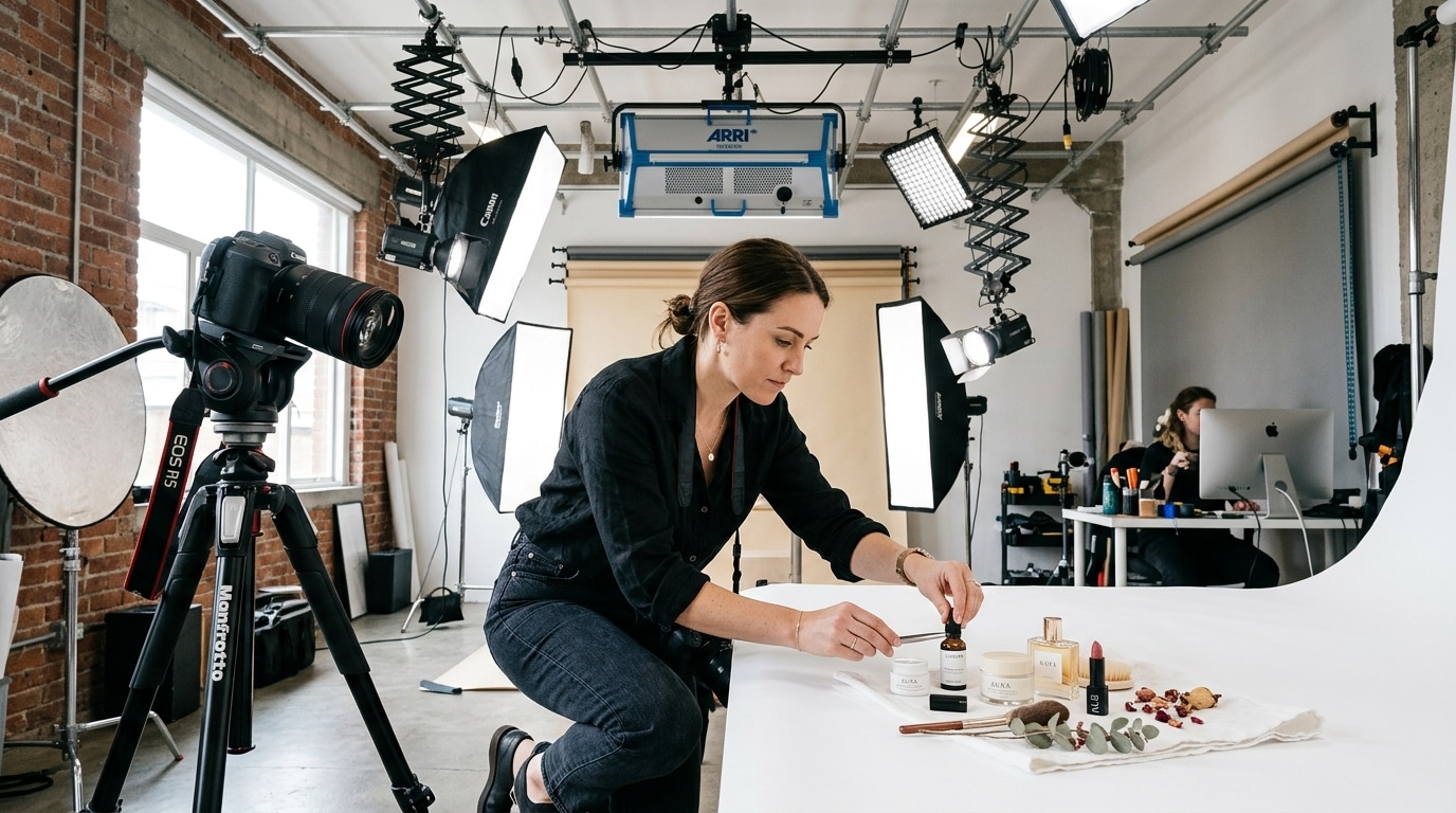 product photography studio photographer arranging products at Lightz Out Studios