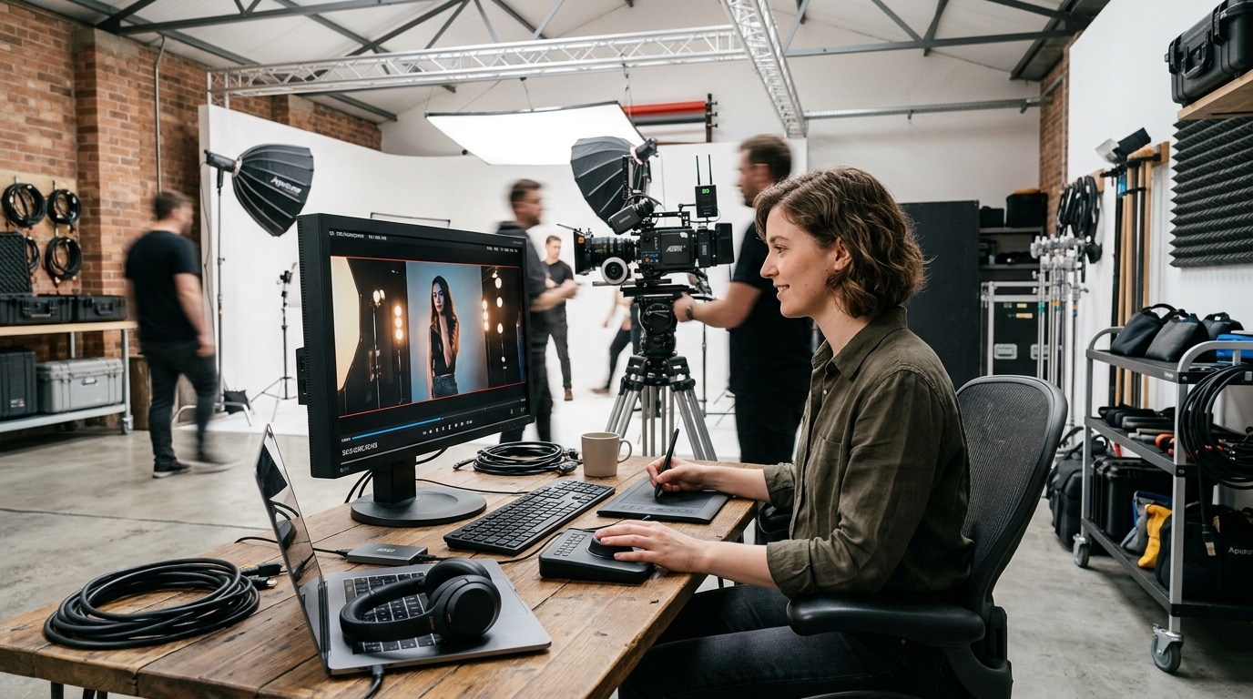 creative studio space rental creative professional reviewing footage Lightz Out Studios