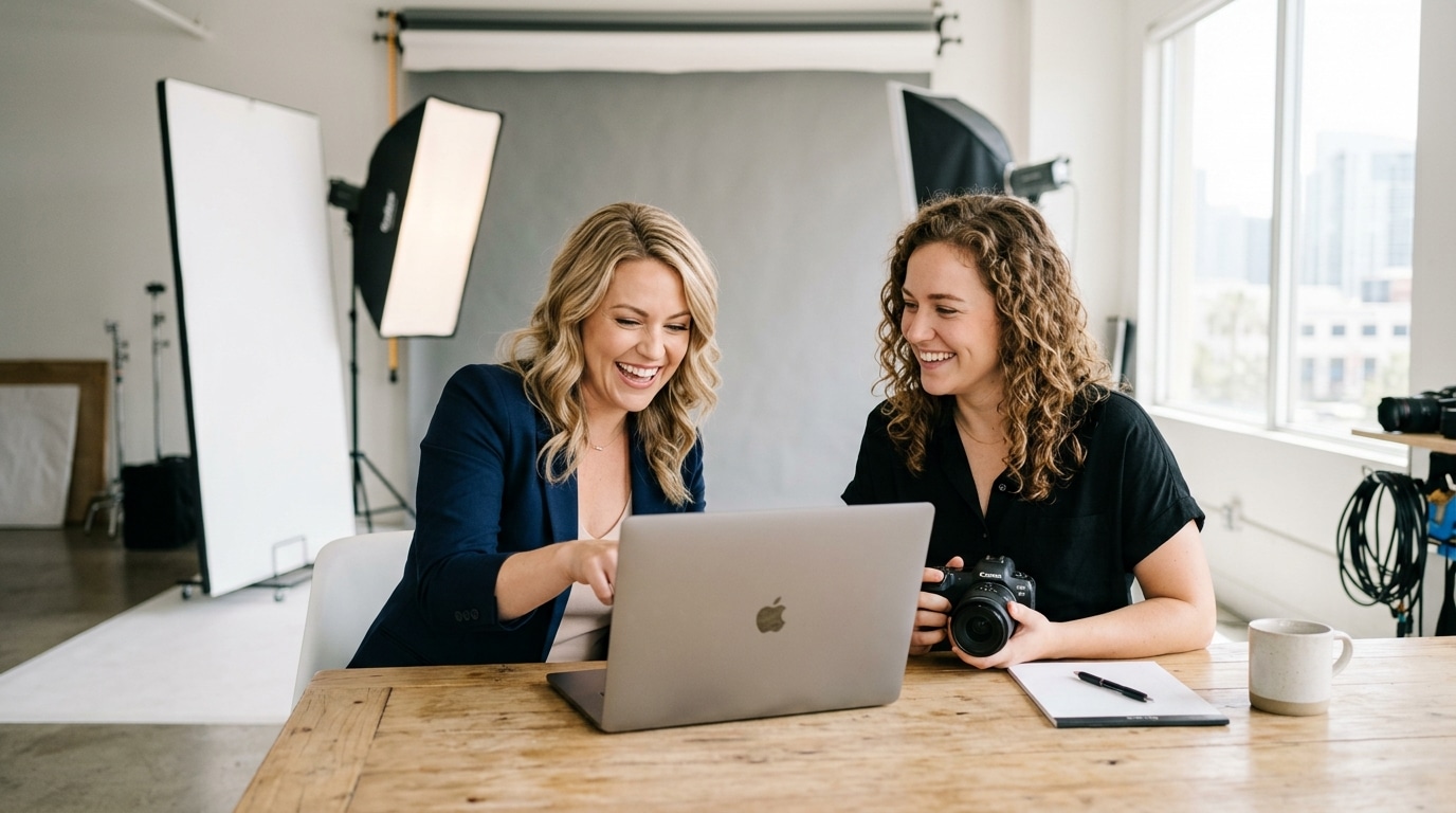 photographers for professional headshots reviewing results at Lightz Out Studios