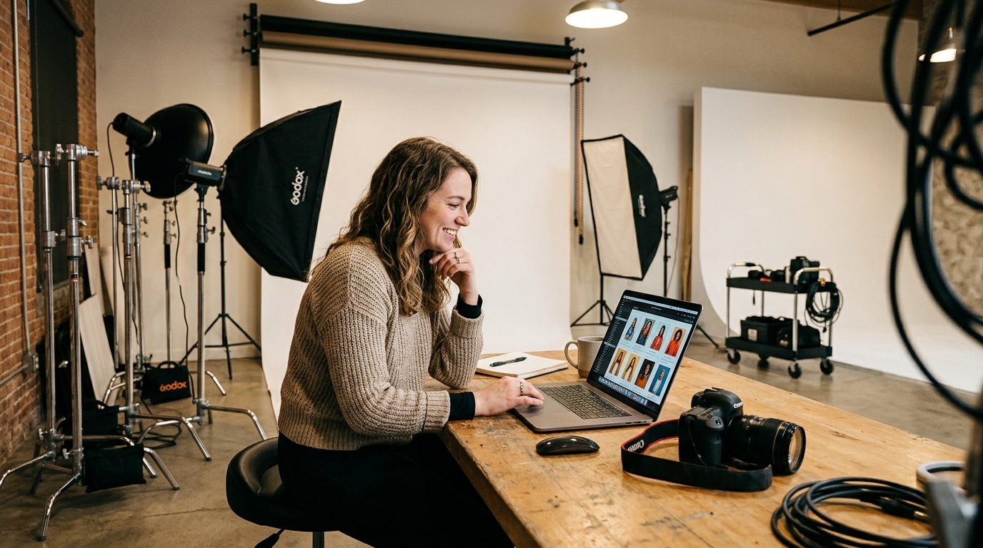 studio photo rental Lightz Out Studios photographer reviewing photos in professional studio