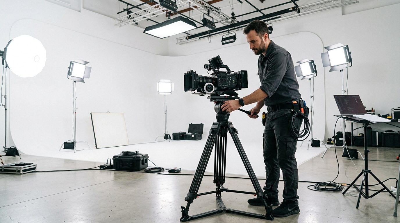 studio photo rental Lightz Out Studios videographer setting up camera on cyclorama wall