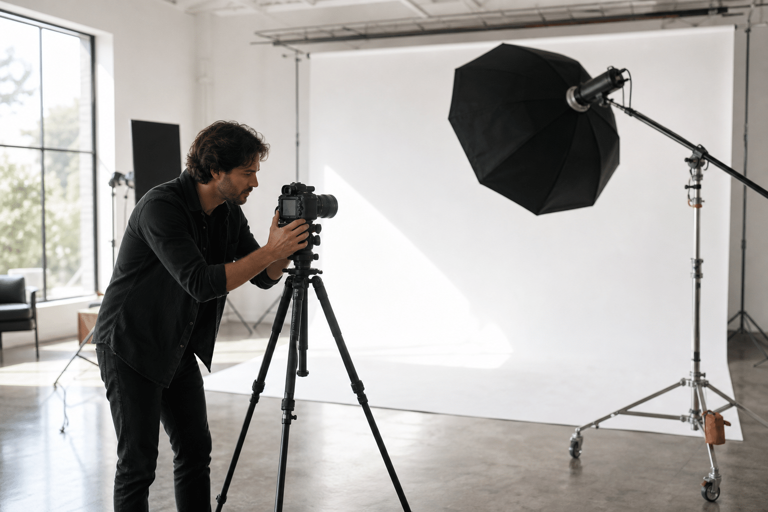 studio photo rental Lightz Out Studios professional photographer with camera on tripod cyclorama wall
