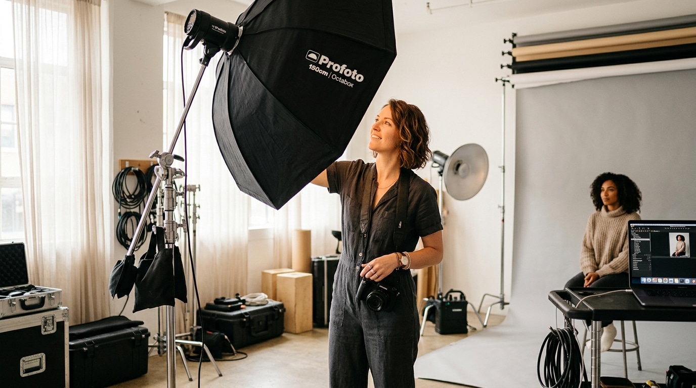 photo studio rental photographer adjusting studio lighting at Lightz Out Studios San Diego