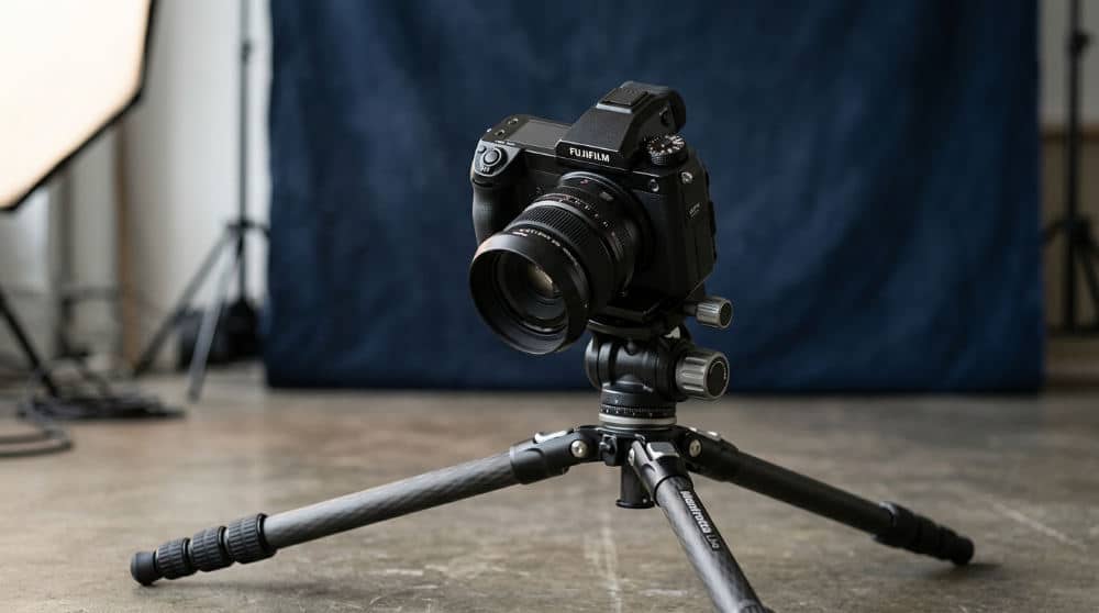 A professional camera set up in front of a navy blue textured backdrop for a corporate headshot session.