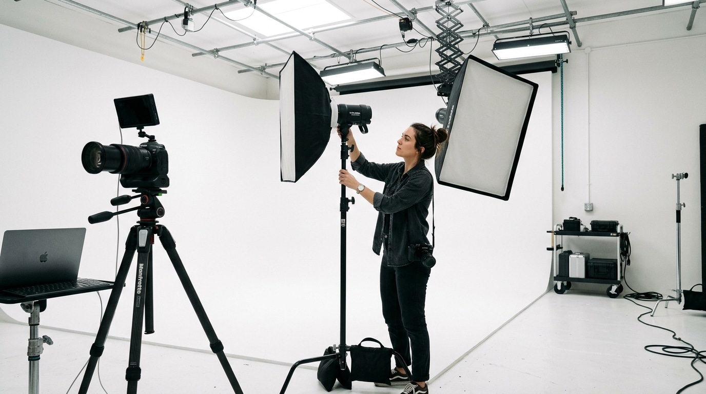 photographer adjusting lighting equipment in a cyclorama studio at Lightz Out Studios