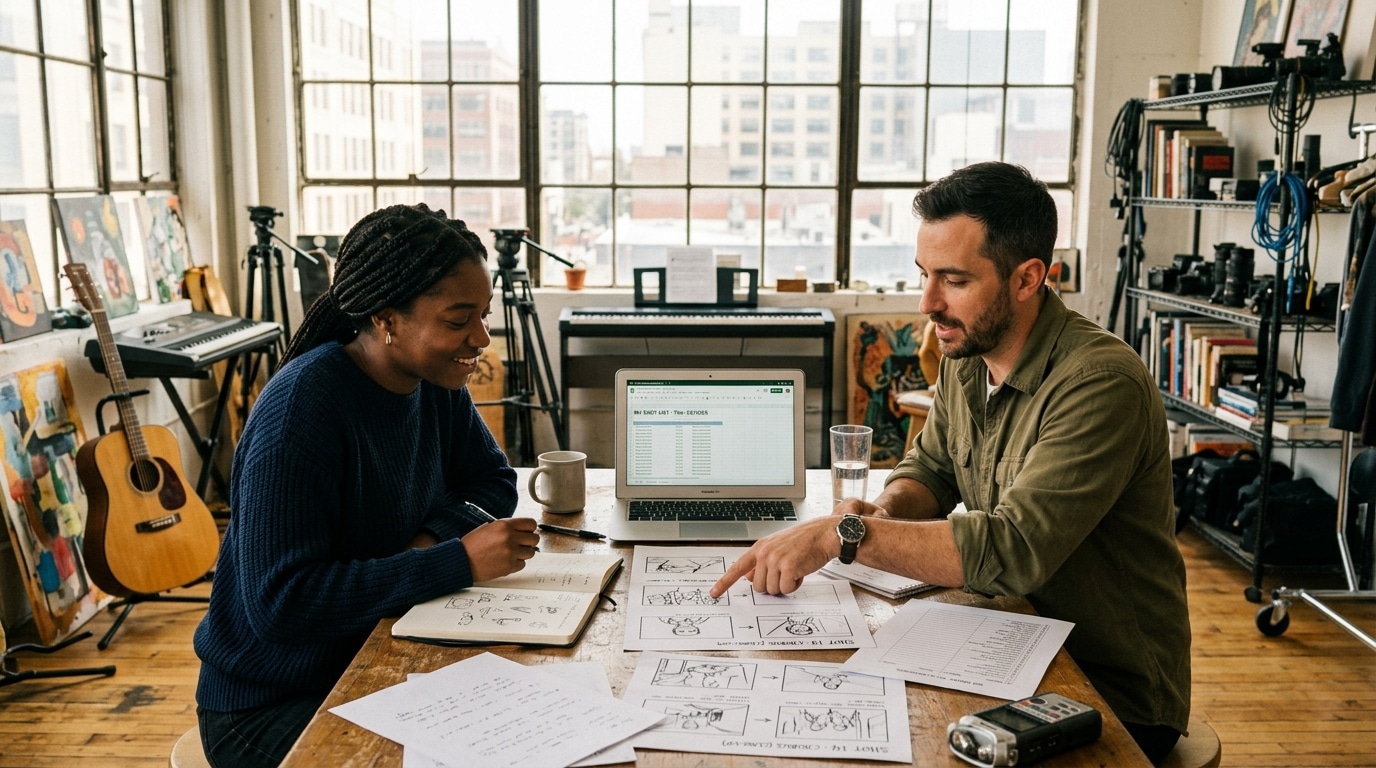 Pre-production planning session for music video production — filmmaker and musician reviewing storyboards in a creative studio