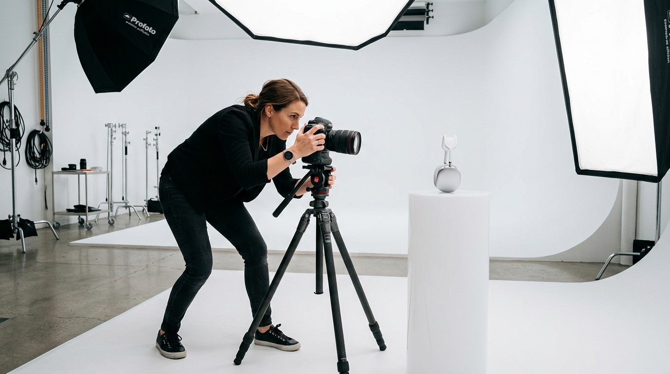 Photographer shooting product photography in a production studio with cyclorama at Lightz Out Studios