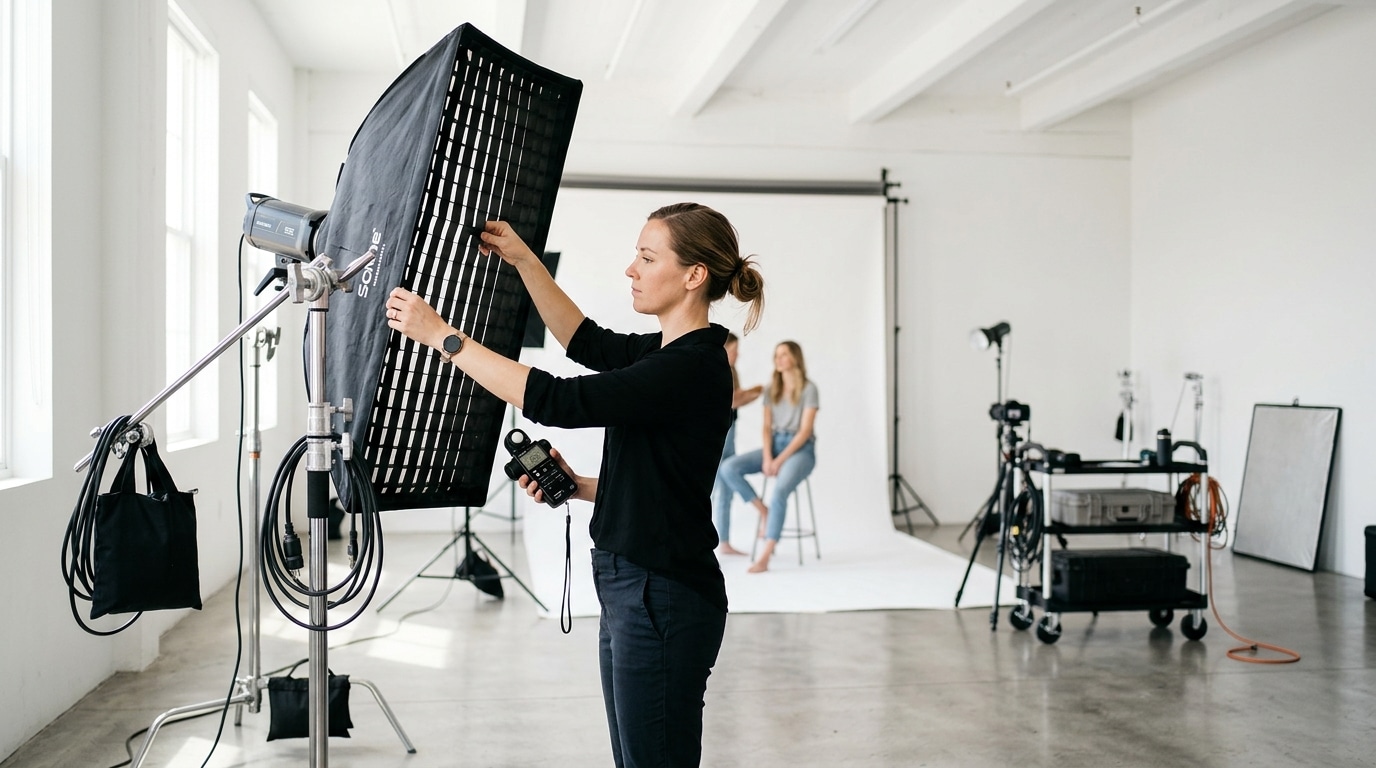 Professional photographer setting up lighting for instagram photo studio rental at Lightz Out Studios
