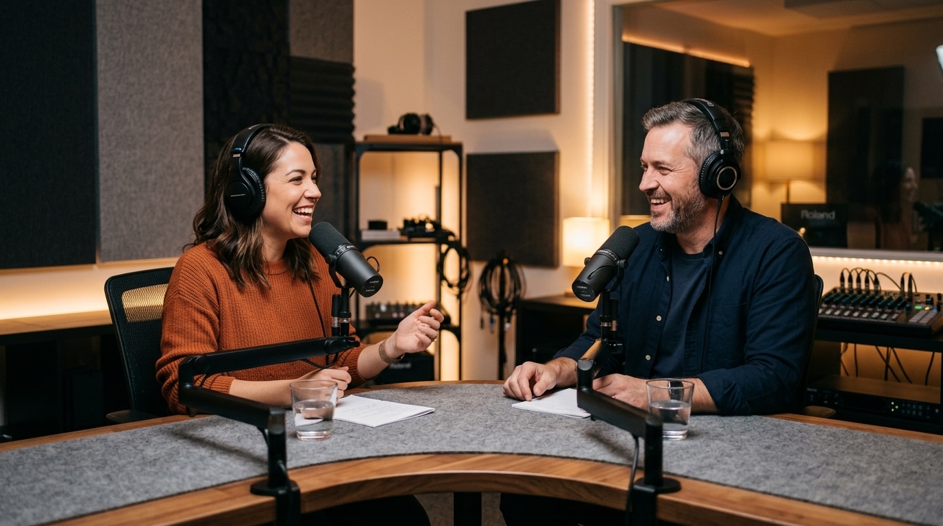 Podcasters in a professional podcast studio rental having an engaged conversation