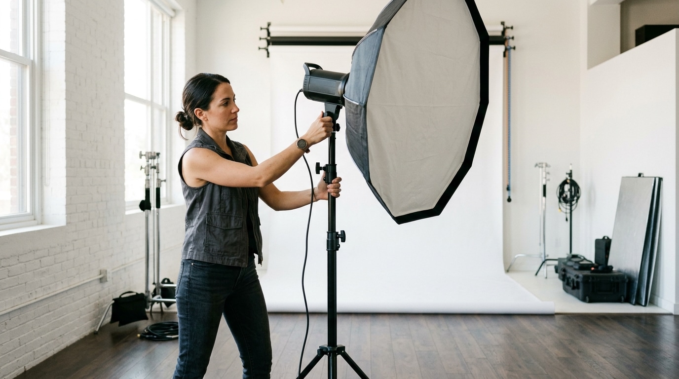 Photographer adjusting professional studio lighting during an hourly studio rental session at Lightz Out Studios