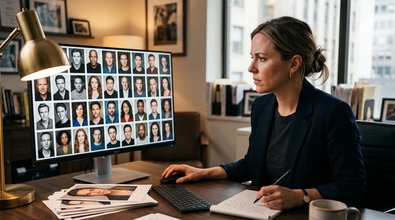 Casting director reviewing professional headshots on a monitor for acting headshots san diego submissions