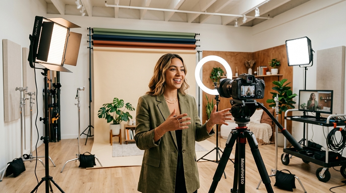 Content creator filming video in a content creator photo studio with professional LED lighting - Lightz Out Studios
