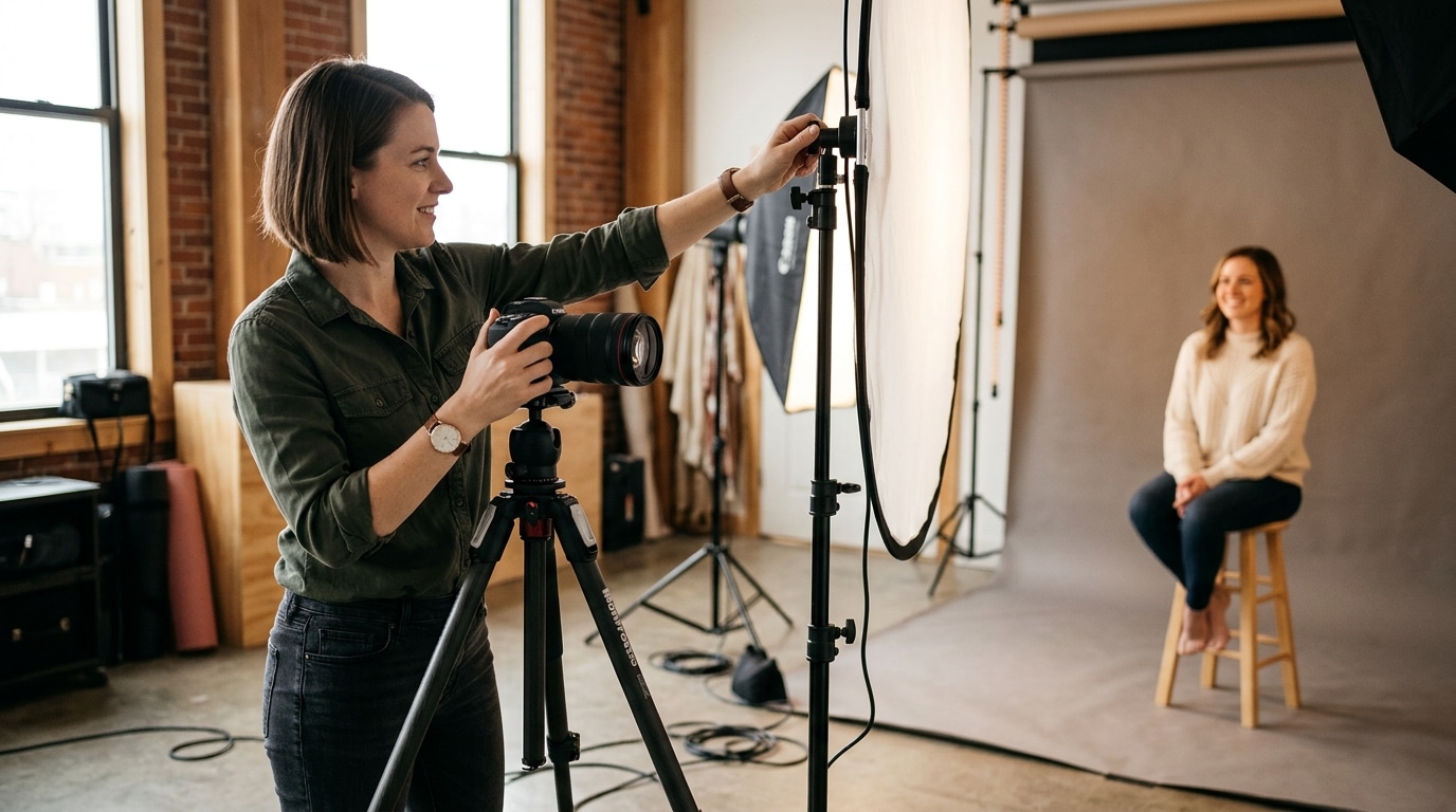 Professional photographer adjusting lighting equipment at a portrait photography studio near me for Lightz Out Studios