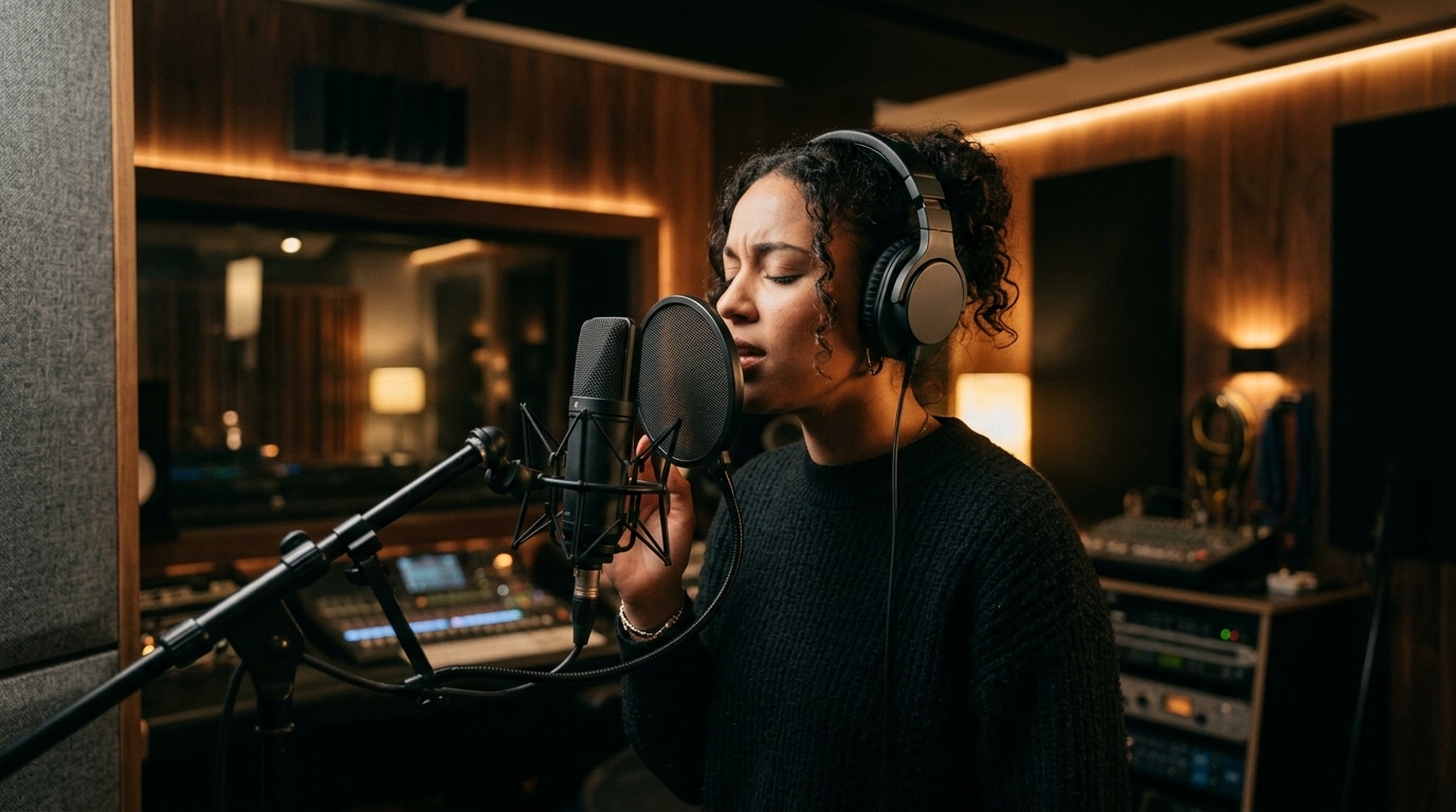 Musician recording vocals at a recording studio space rental with professional microphone - Lightz Out Studios