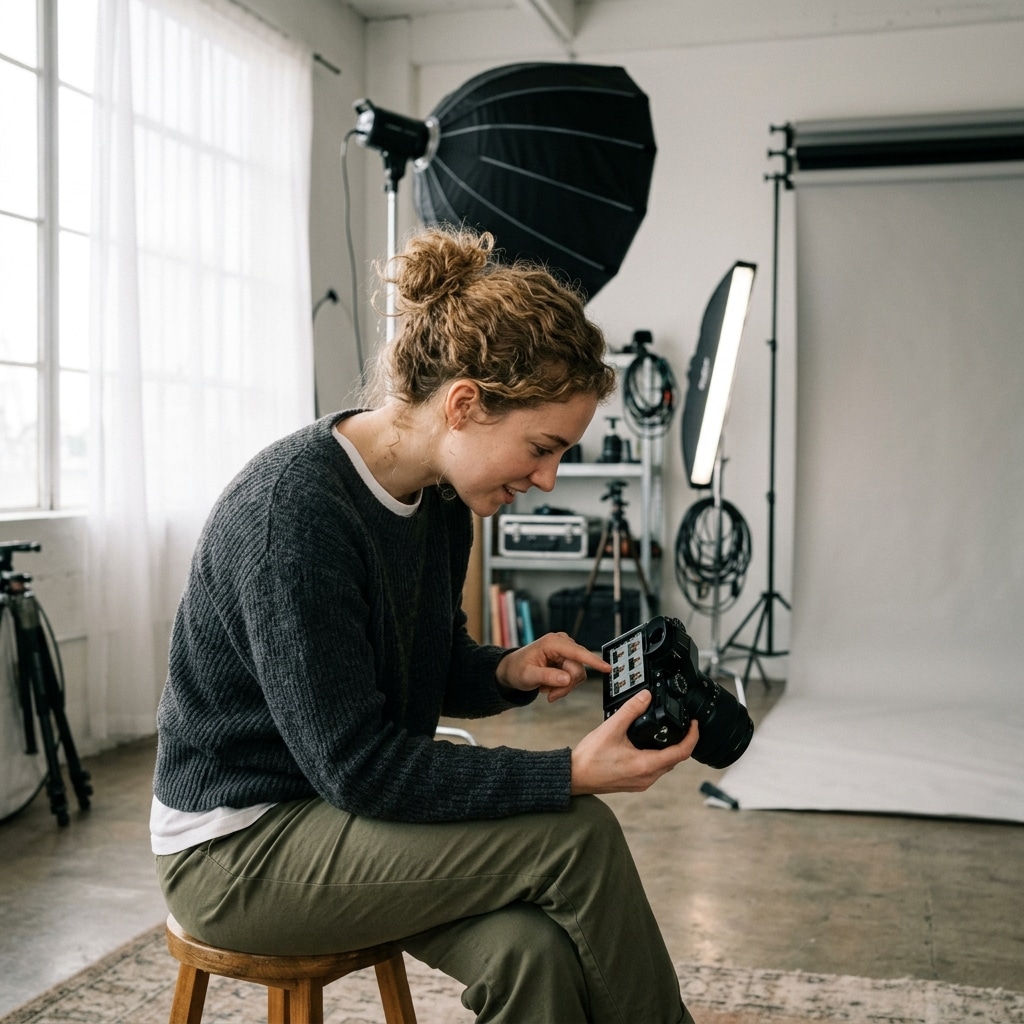 instagram photo studio rental content creator reviewing photos in professional Lightz Out Studios space