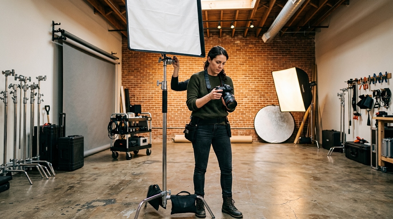 Professional photographer adjusting studio lighting in a modern studio rental space near me at Lightz Out Studios