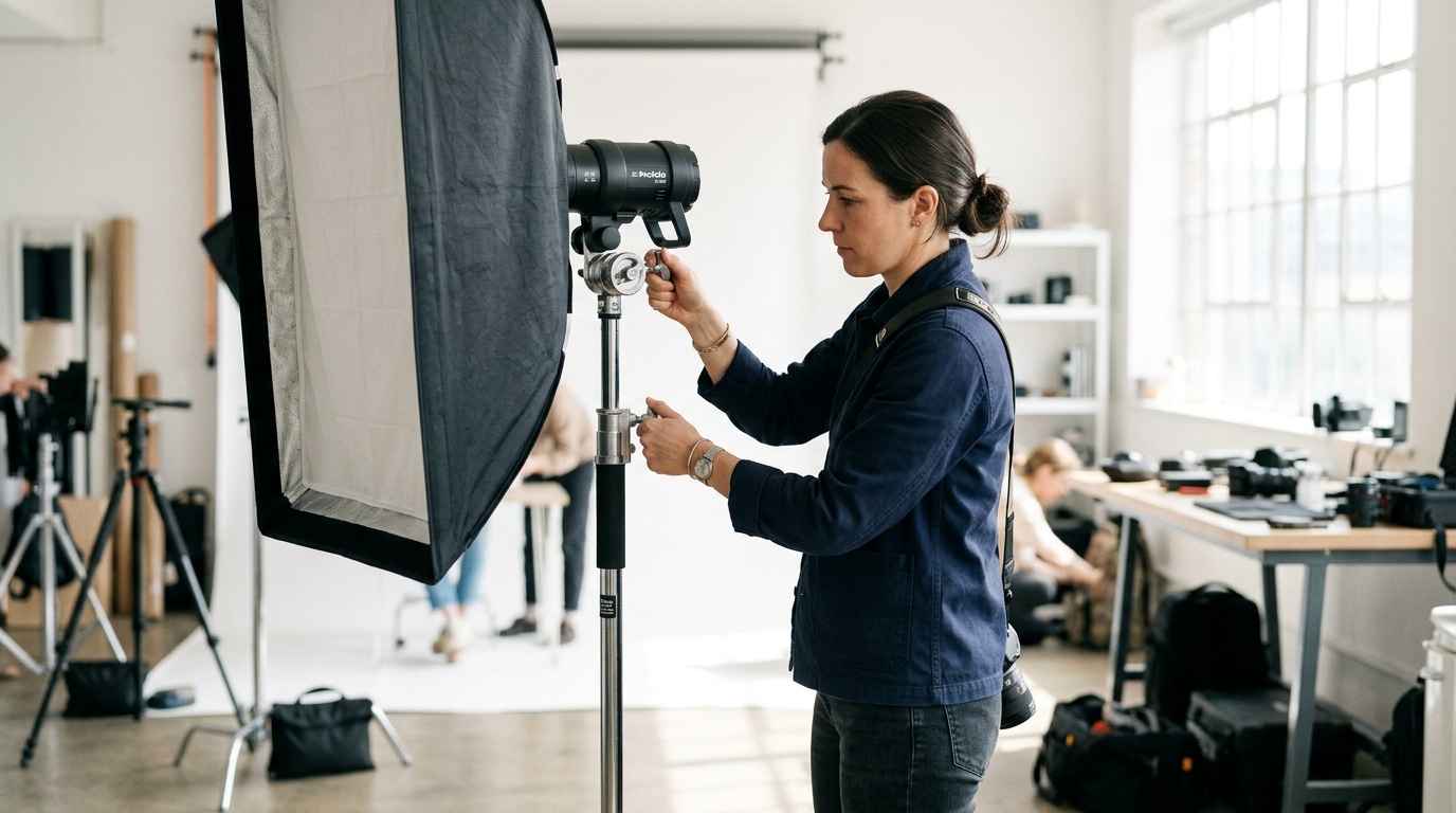 Photographer adjusting studio softbox lighting - lighting tips for photography by Lightz Out Studios