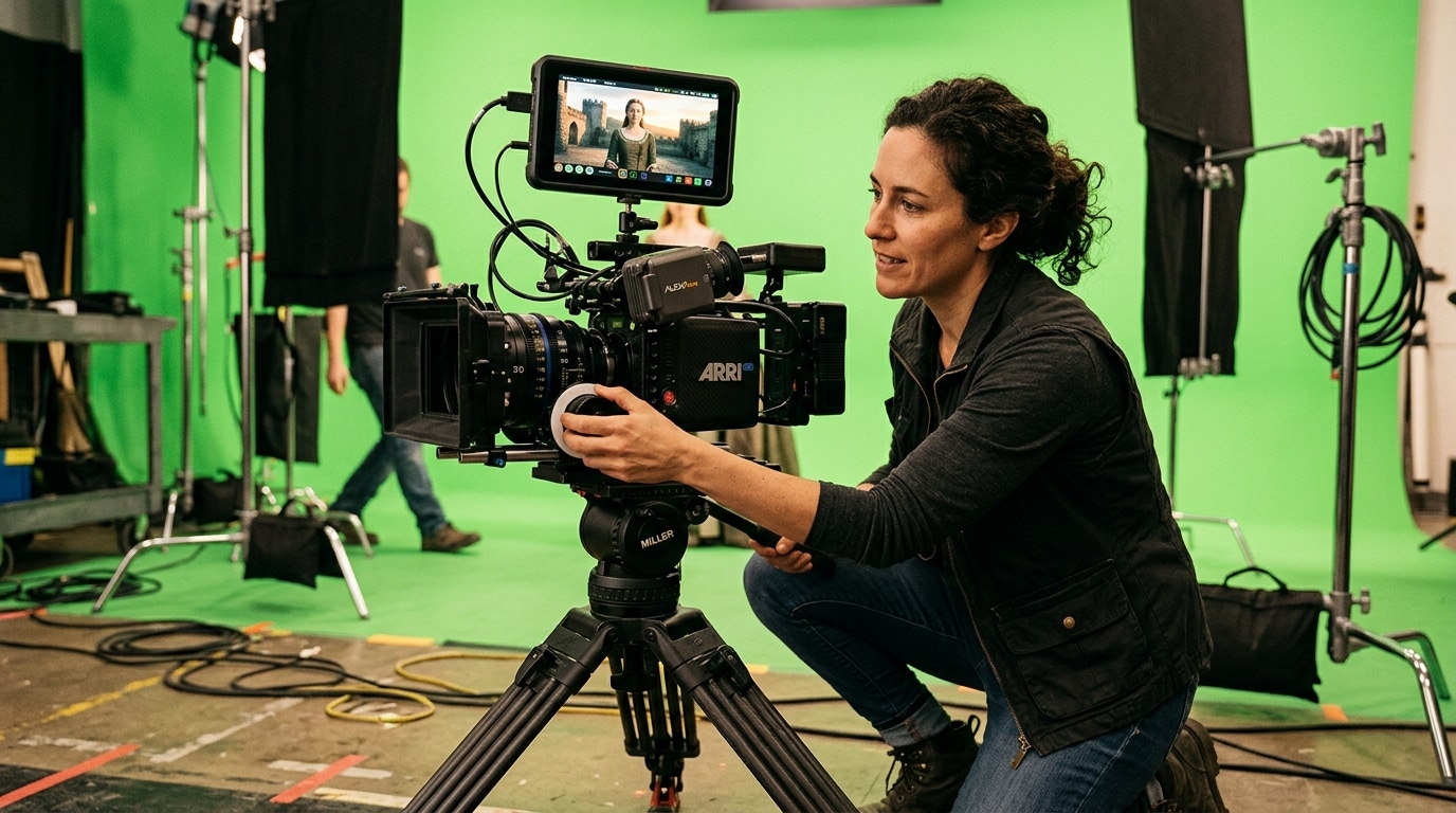 Filmmaker adjusting cinema camera in a green screen studio rental setup - Lightz Out Studios