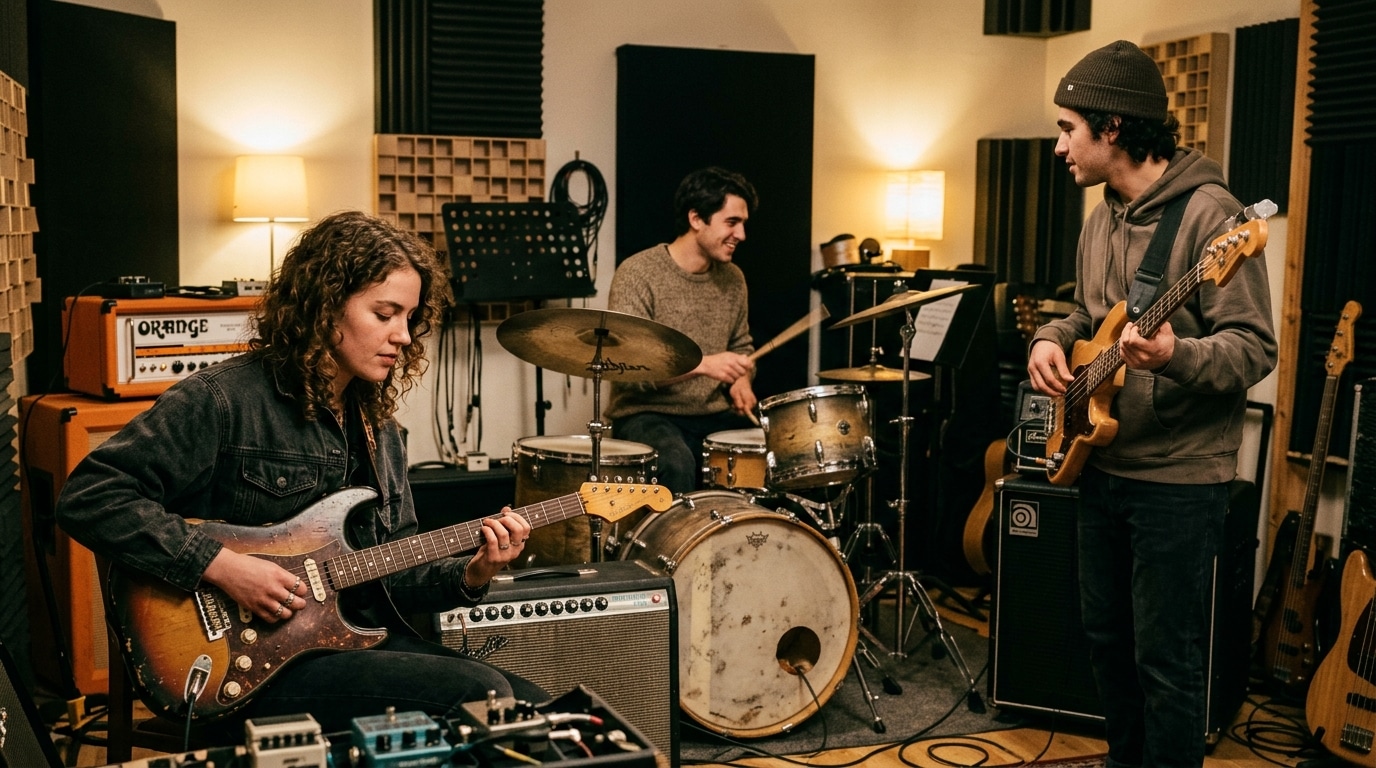 Musicians rehearsing together in a music studio rental space - Lightz Out Studios