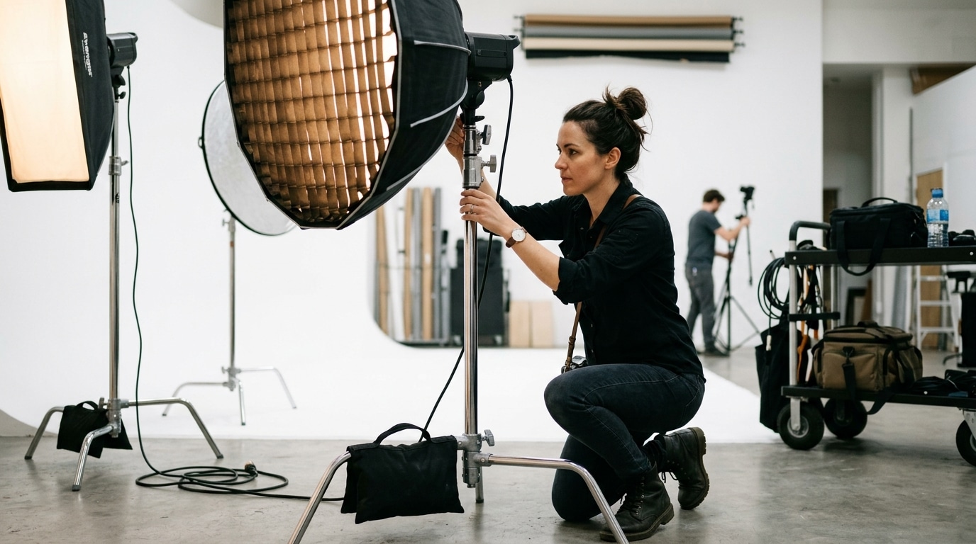 Photographer adjusting studio lights for cyclorama studio rental at Lightz Out Studios