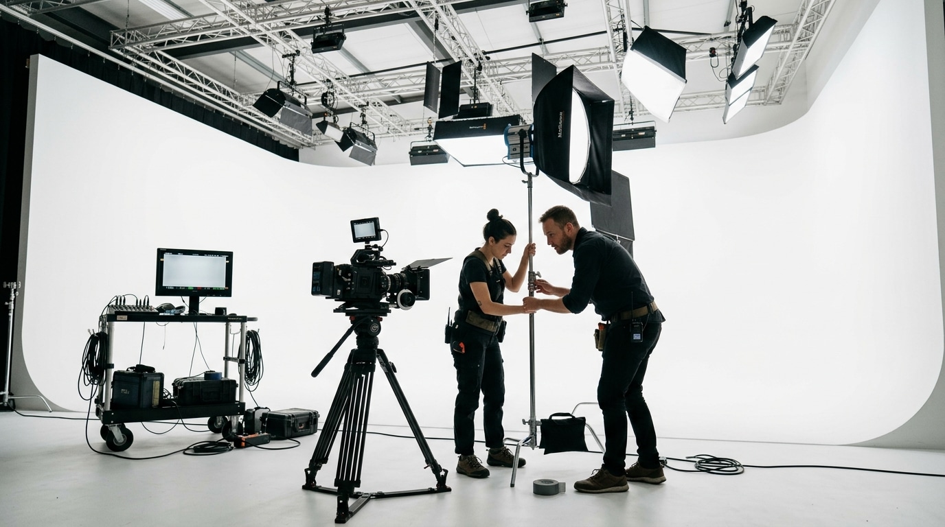 Video production crew setting up a shoot in a production studio with cyclorama at Lightz Out Studios San Diego