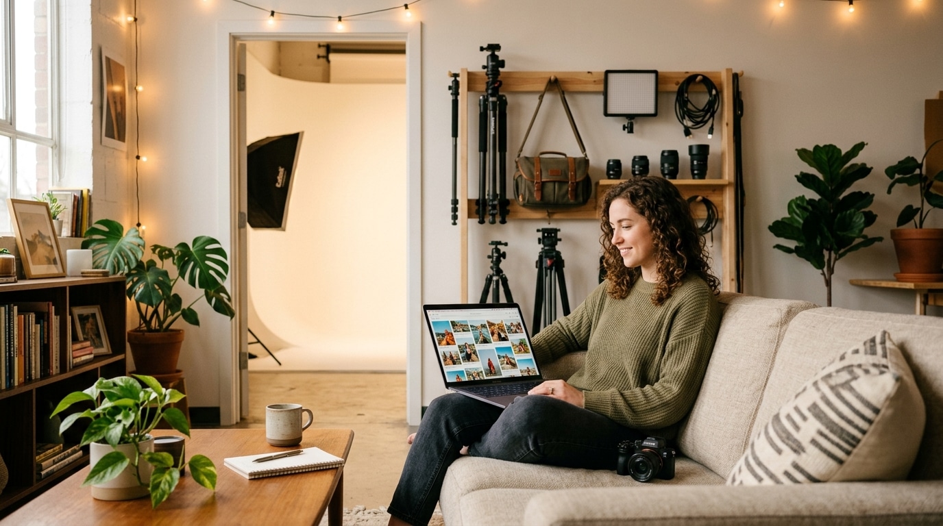 Instagram content creator editing photos in modern studio lounge at Lightz Out Studios