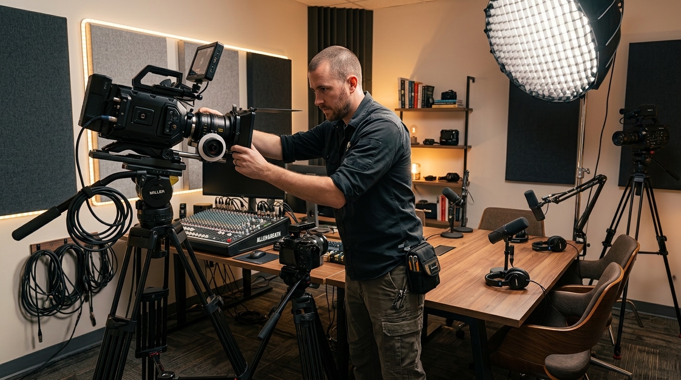 Videographer setting up multi-camera equipment in a podcast studio rental space
