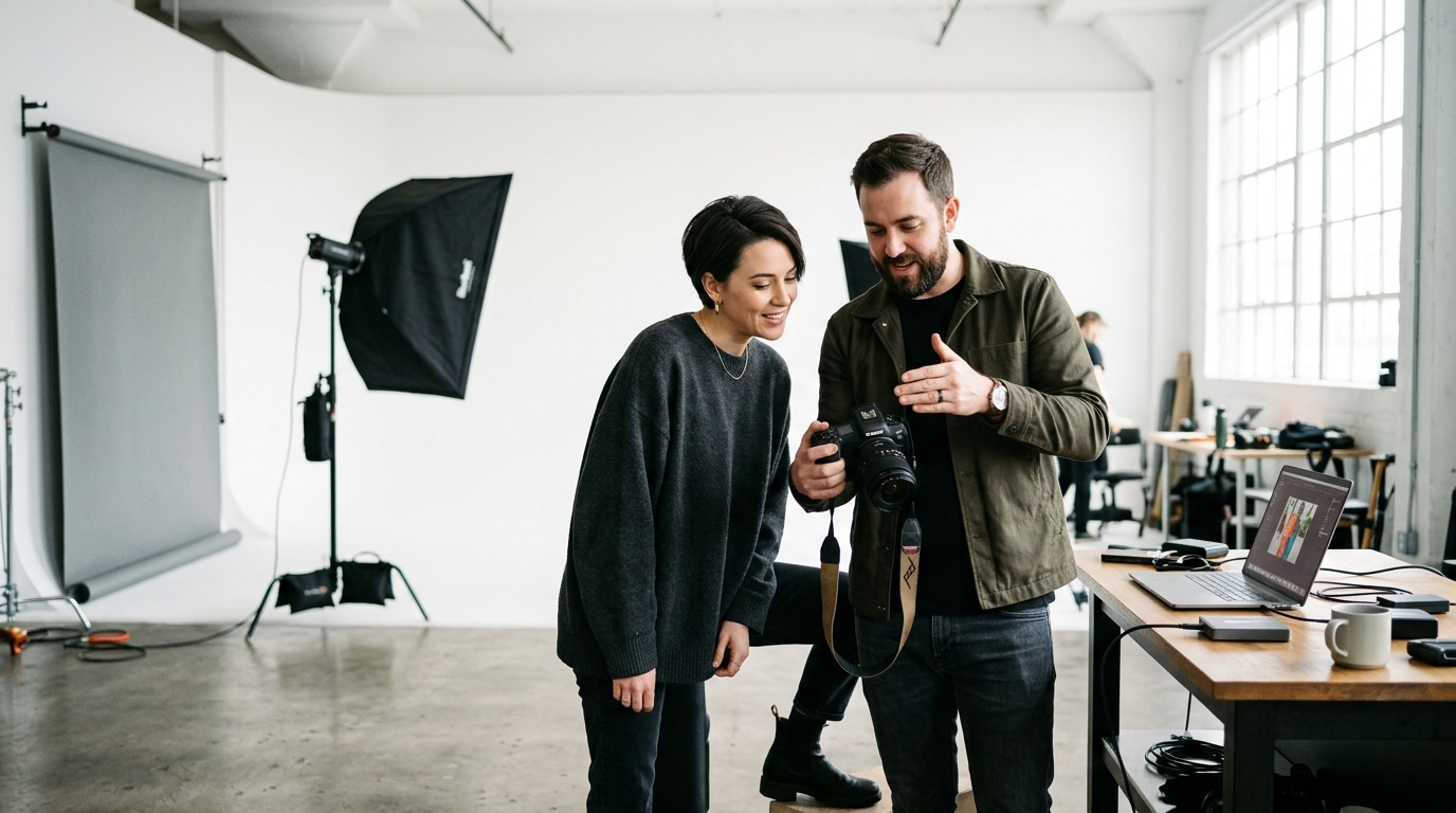 Creative professionals reviewing shots during an hourly studio rental at Lightz Out Studios San Diego