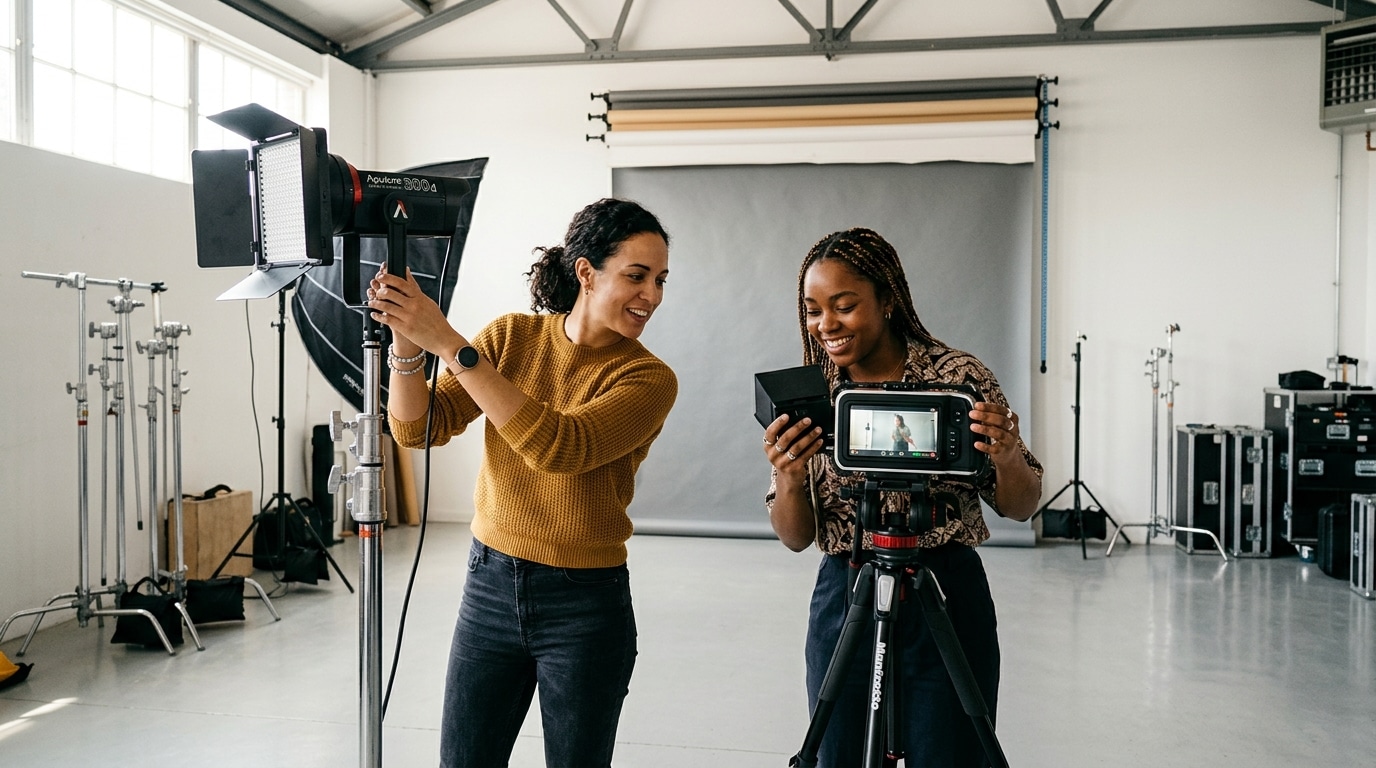 Two creatives collaborating in a bright content creator photo studio with professional equipment - Lightz Out Studios