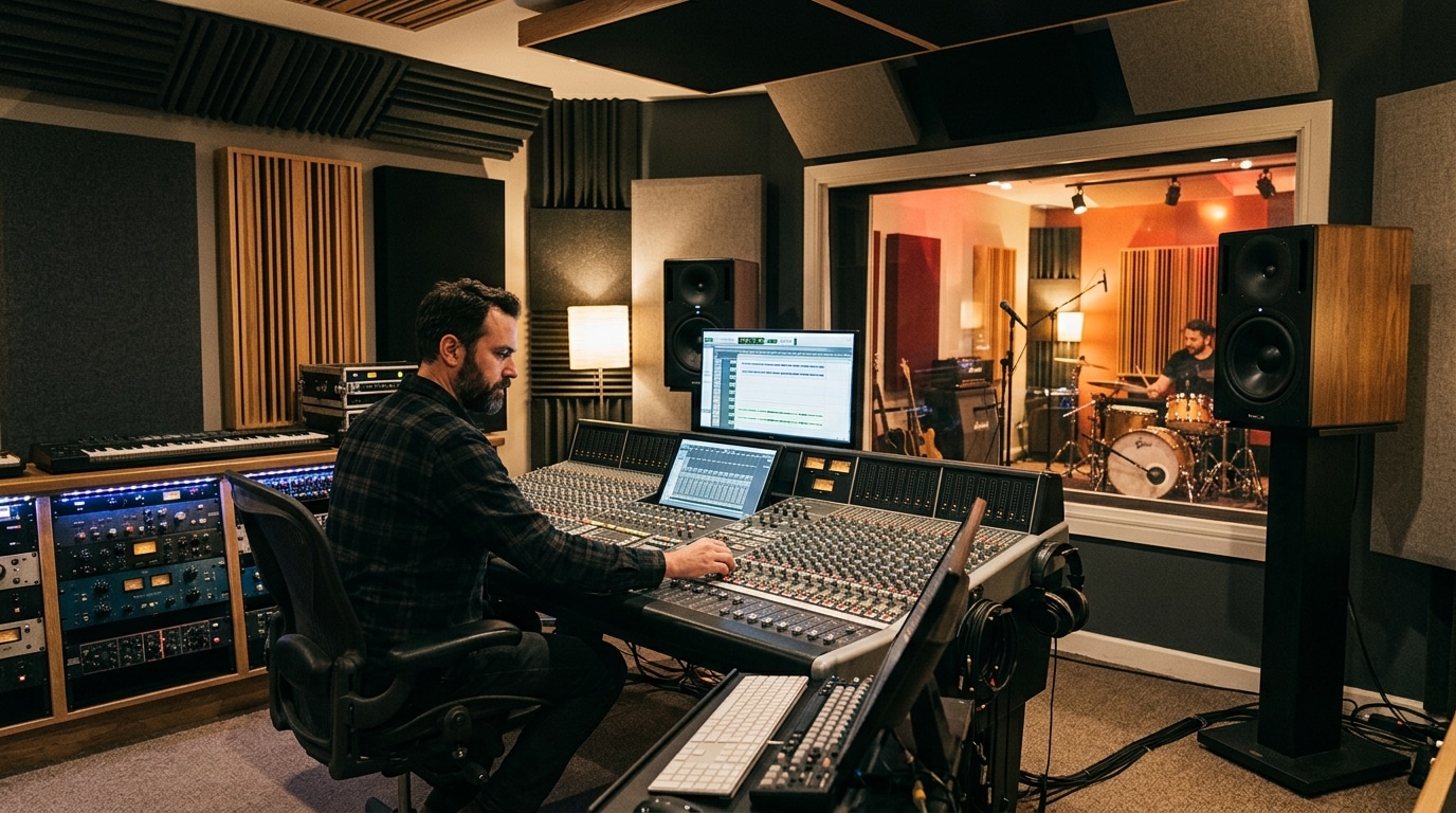 Producer at mixing console in professional recording studio space rental control room - Lightz Out Studios