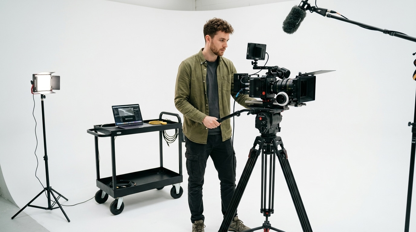 Videographer filming on a cyclorama wall in a professional studio rental space near me at Lightz Out Studios