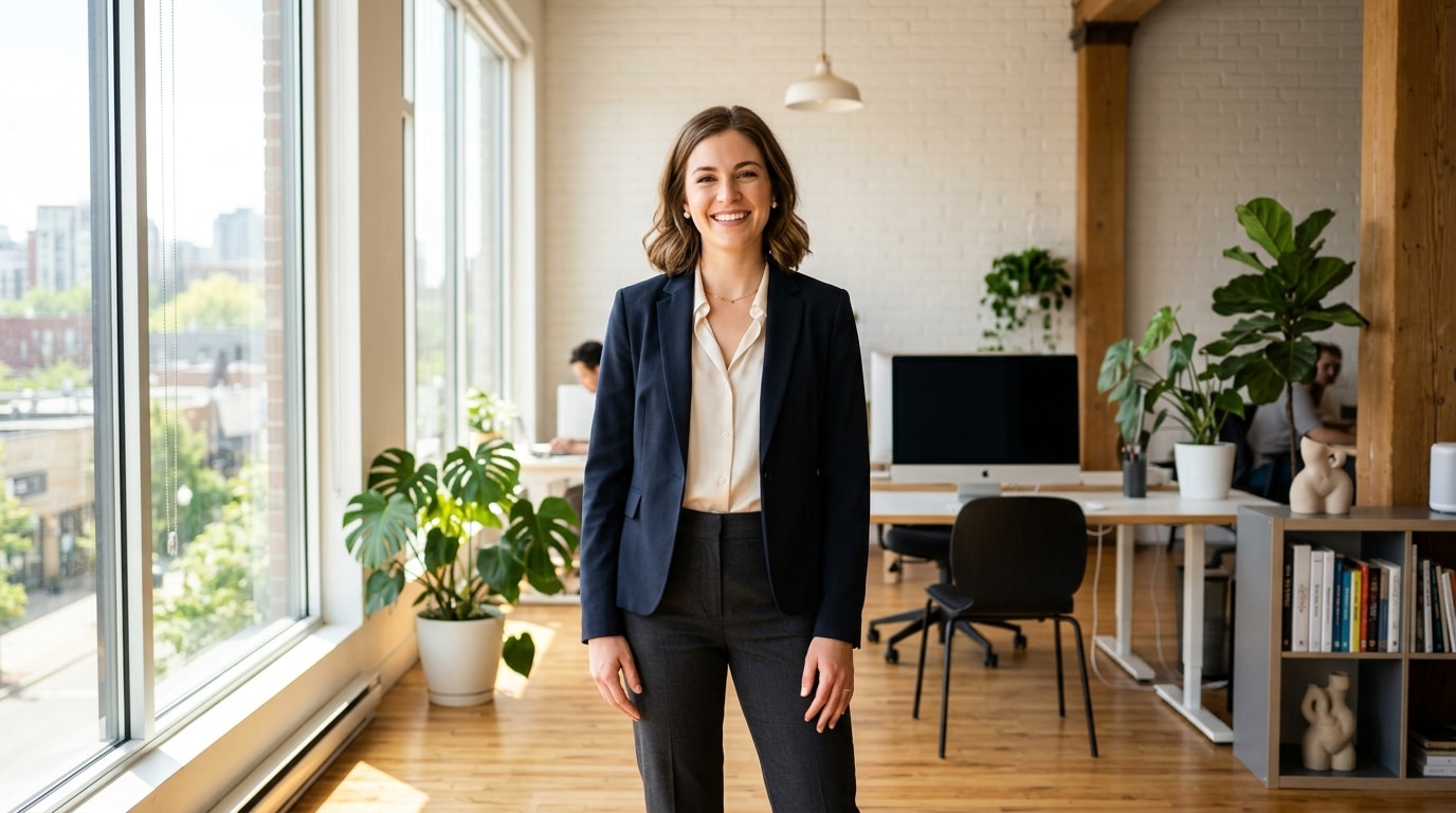 Confident professional woman in business attire for headshots for LinkedIn at Lightz Out Studios