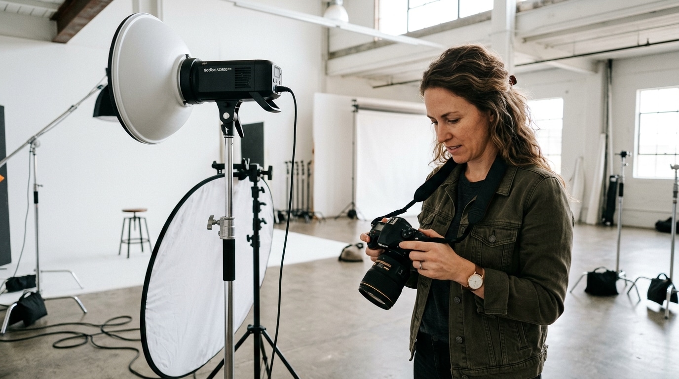 Photographer reviewing DSLR shots in studio next to lighting equipment - lighting tips for photography by Lightz Out Studios