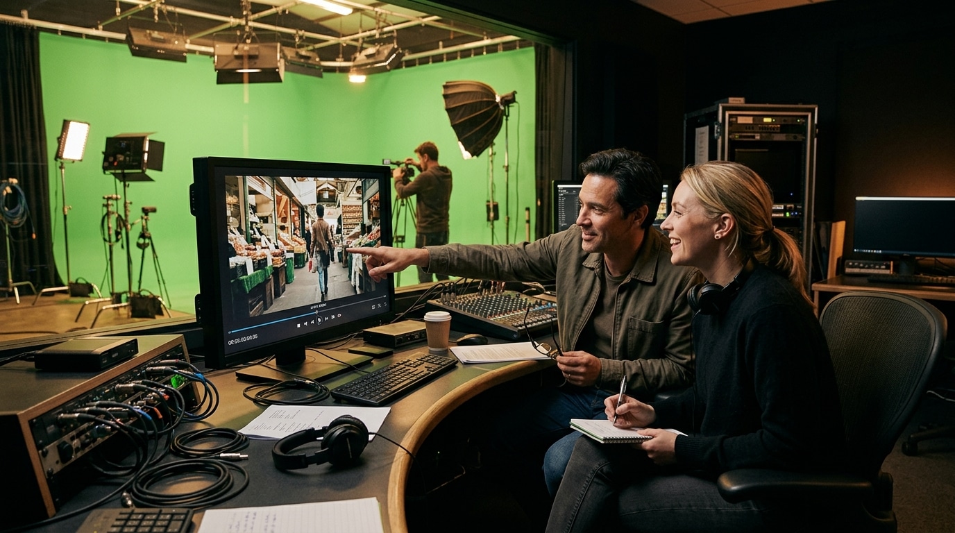 Creative professionals reviewing footage in a green screen studio rental - Lightz Out Studios